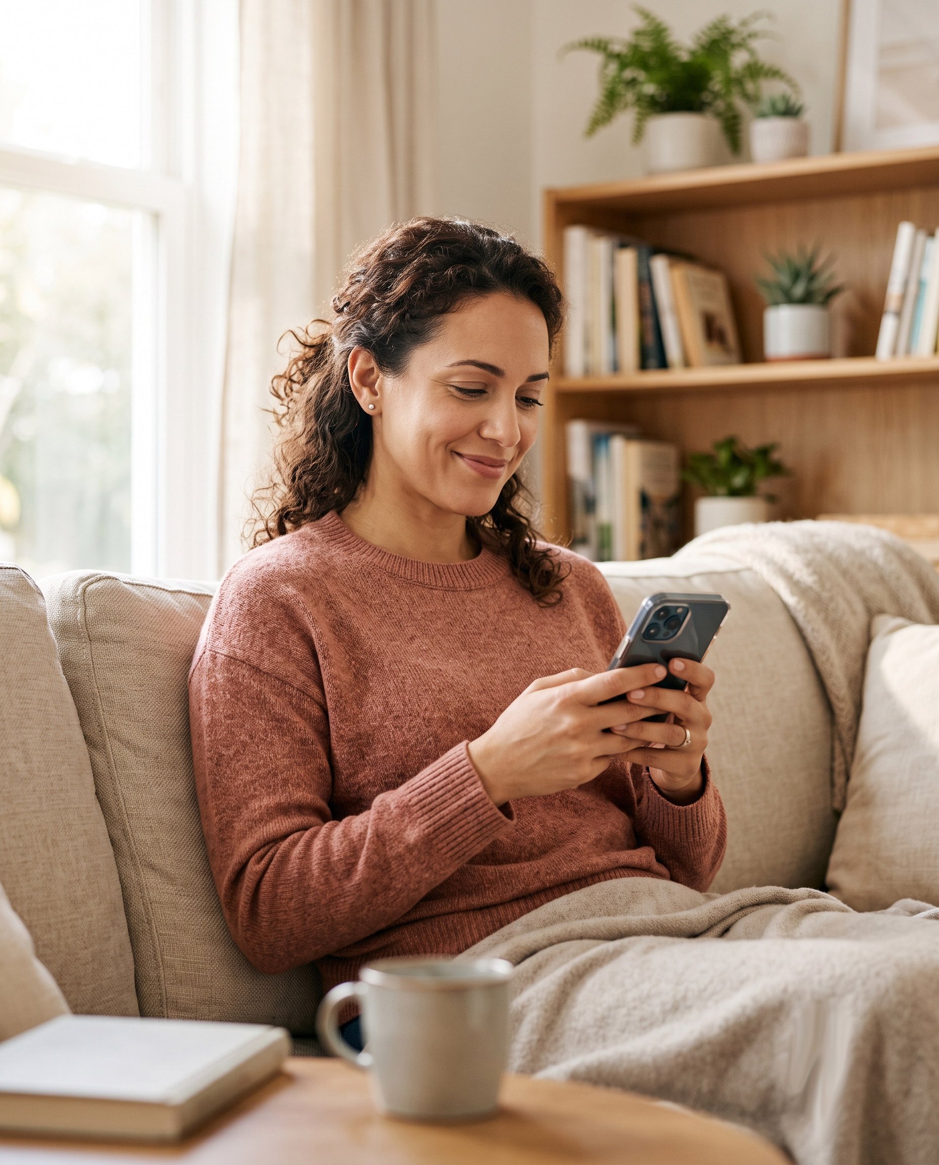 Patient looks at cell phone screen with calm expression