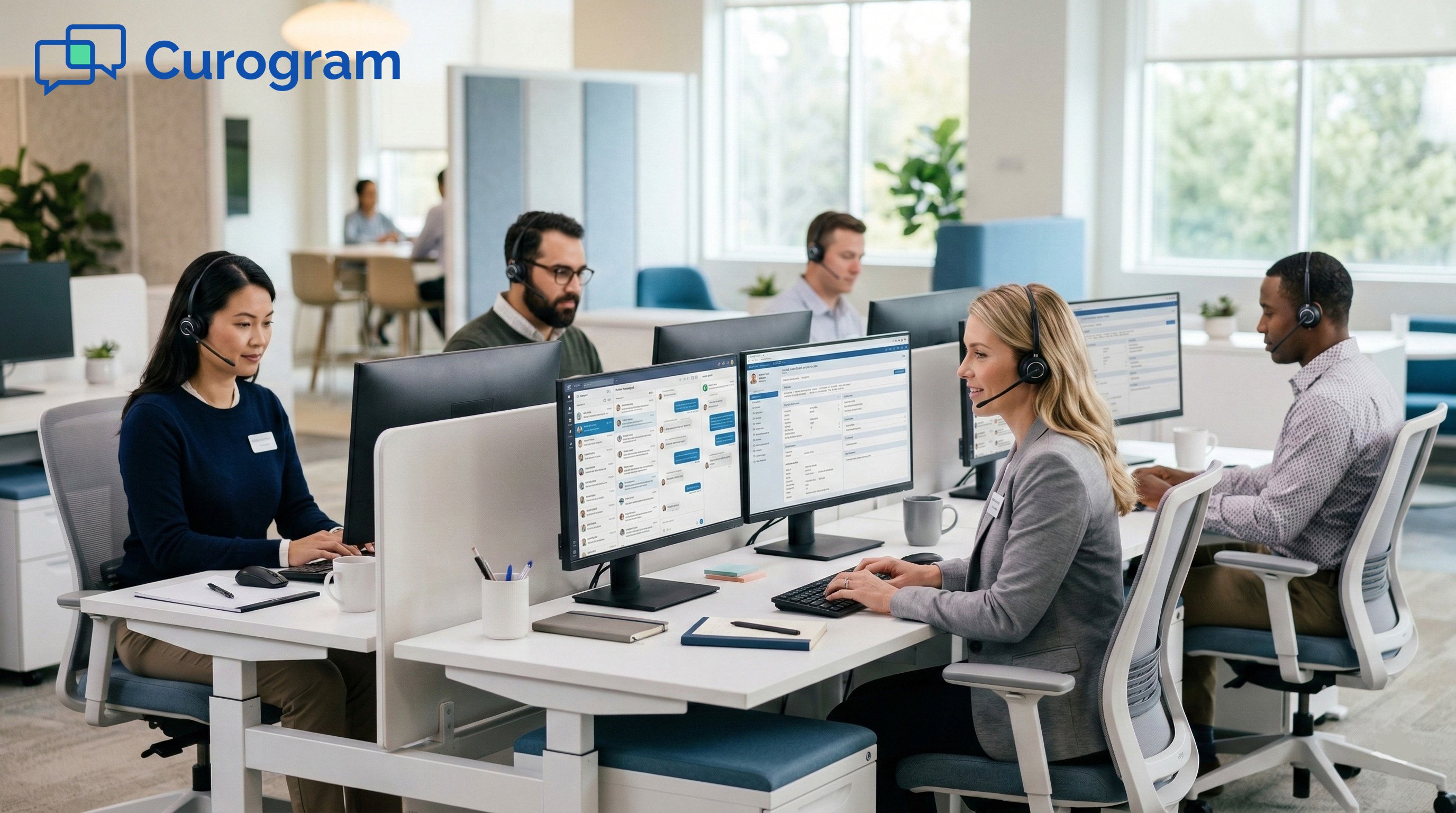 Diverse medical agents with headsets working at dual monitors in a modern healthcare call center