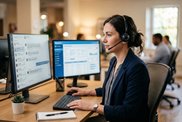 Female healthcare agent with headset working at dual monitors displaying medical data in an office