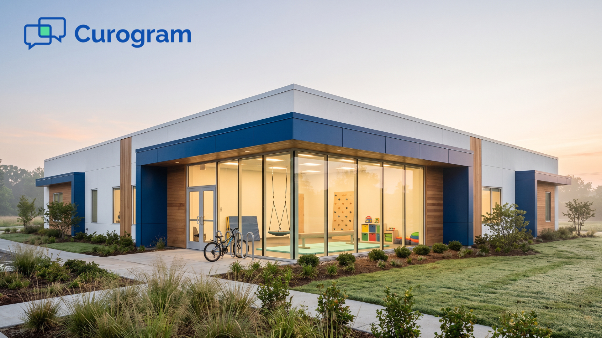Pediatric therapy clinic at dawn with its therapy gym lit up, ready for the day’s sessions