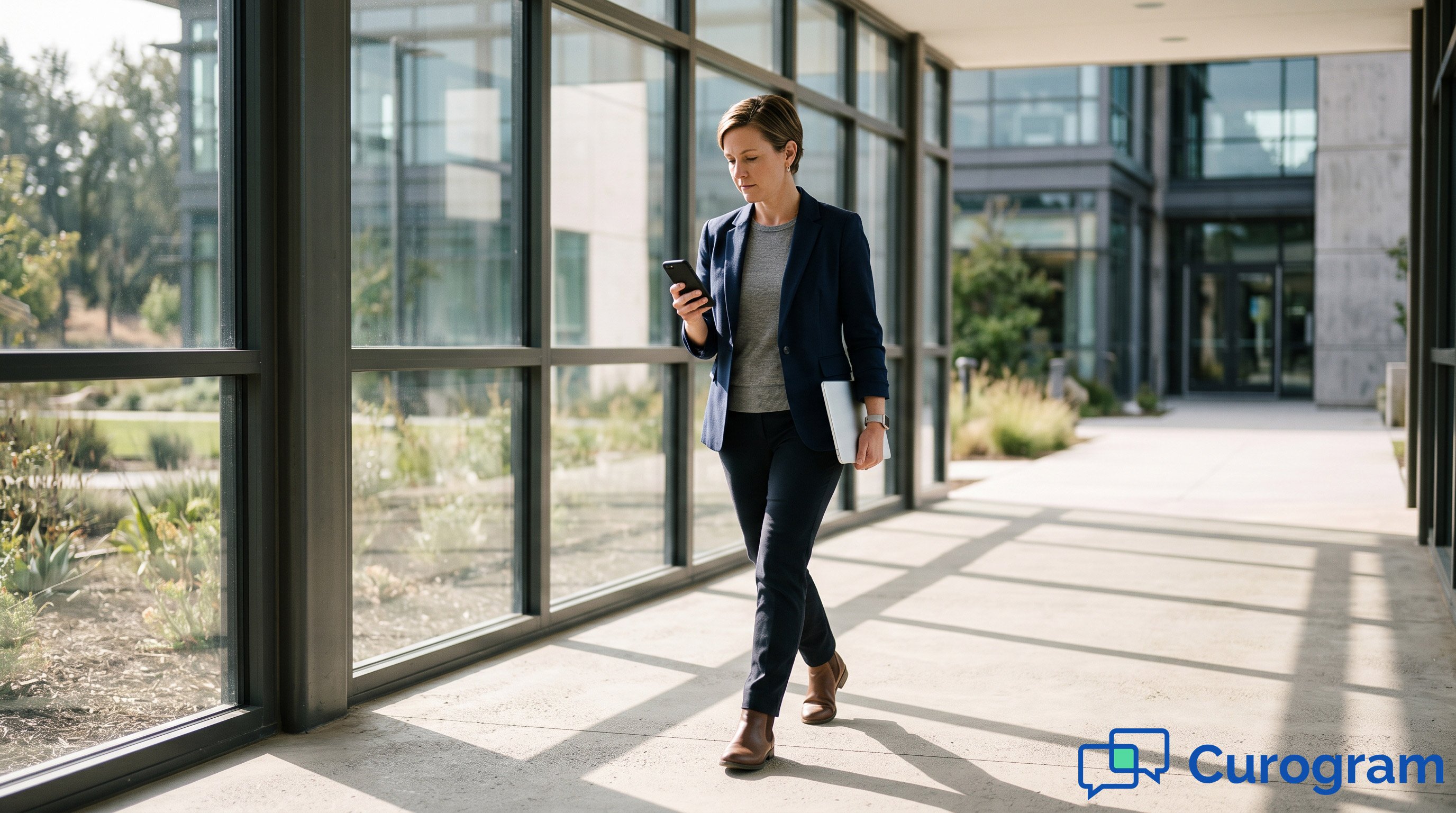 Healthcare administrator walking in a modern clinic hallway checking her phone