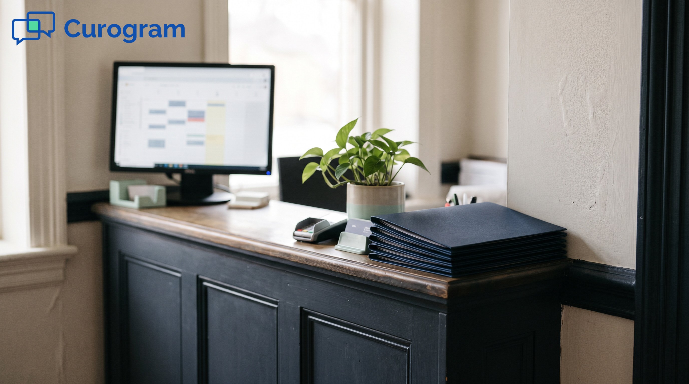A small clinic front desk with a monitor showing a blurred schedule, a card reader and welcome folders