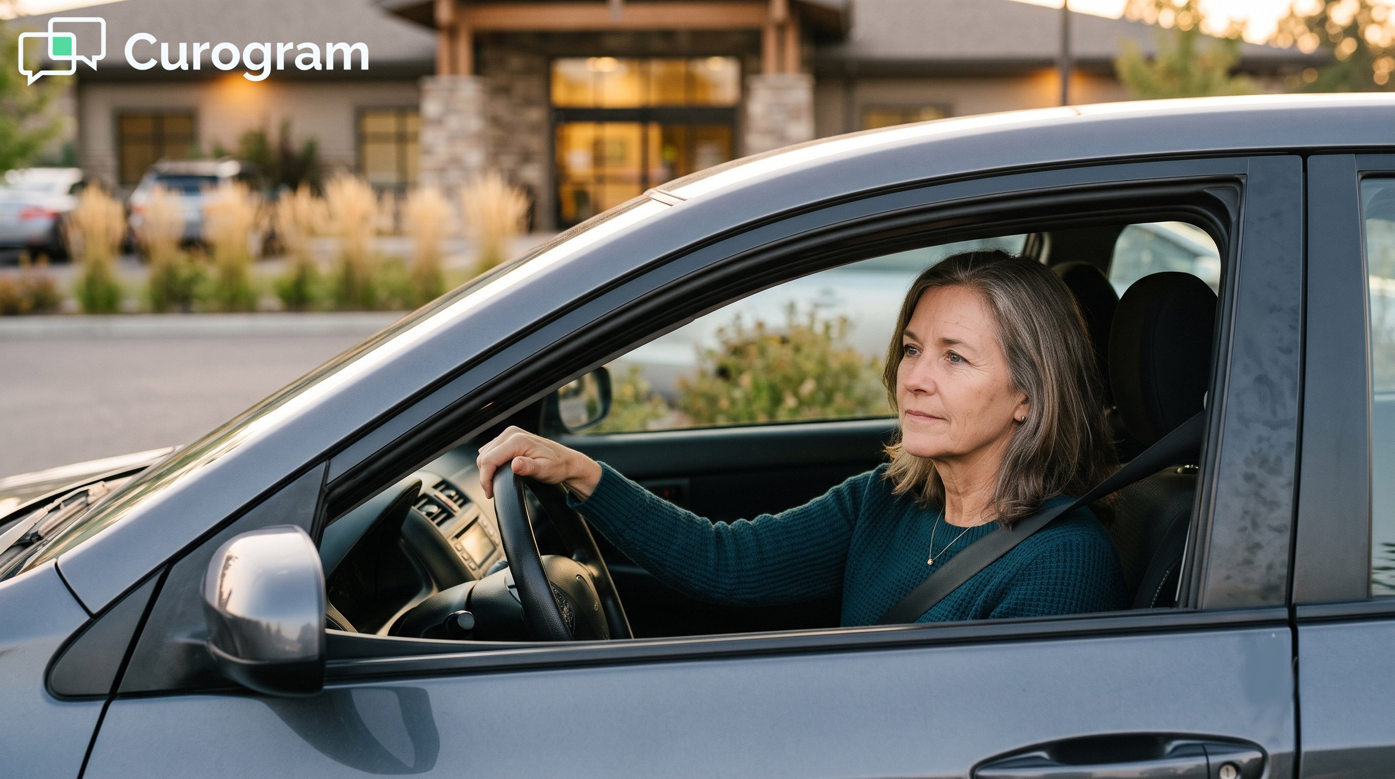 Candid image of a patient waiting in a car at a medical clinic, surrounded by late afternoon light