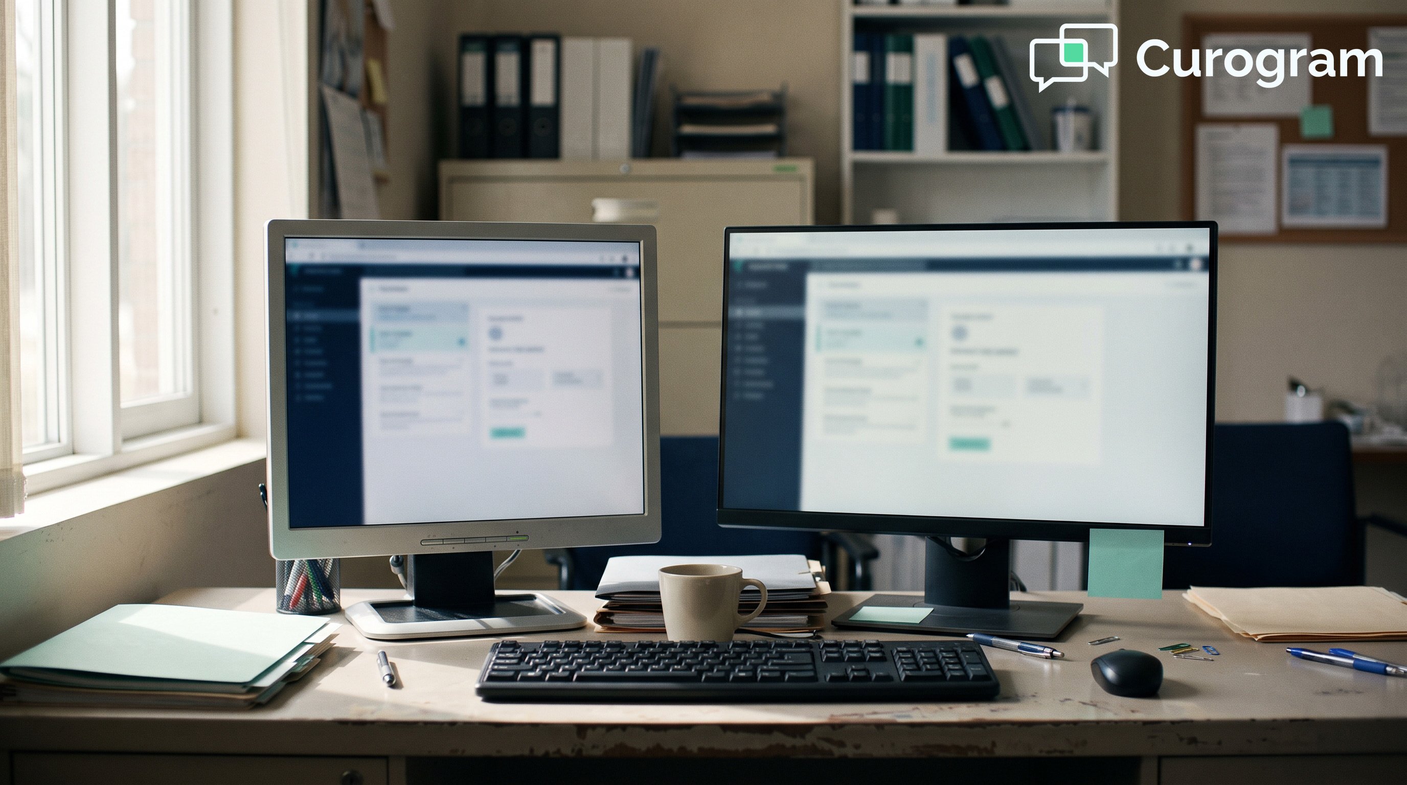 Two monitors side by side on a clinic back office desk, screens not legible