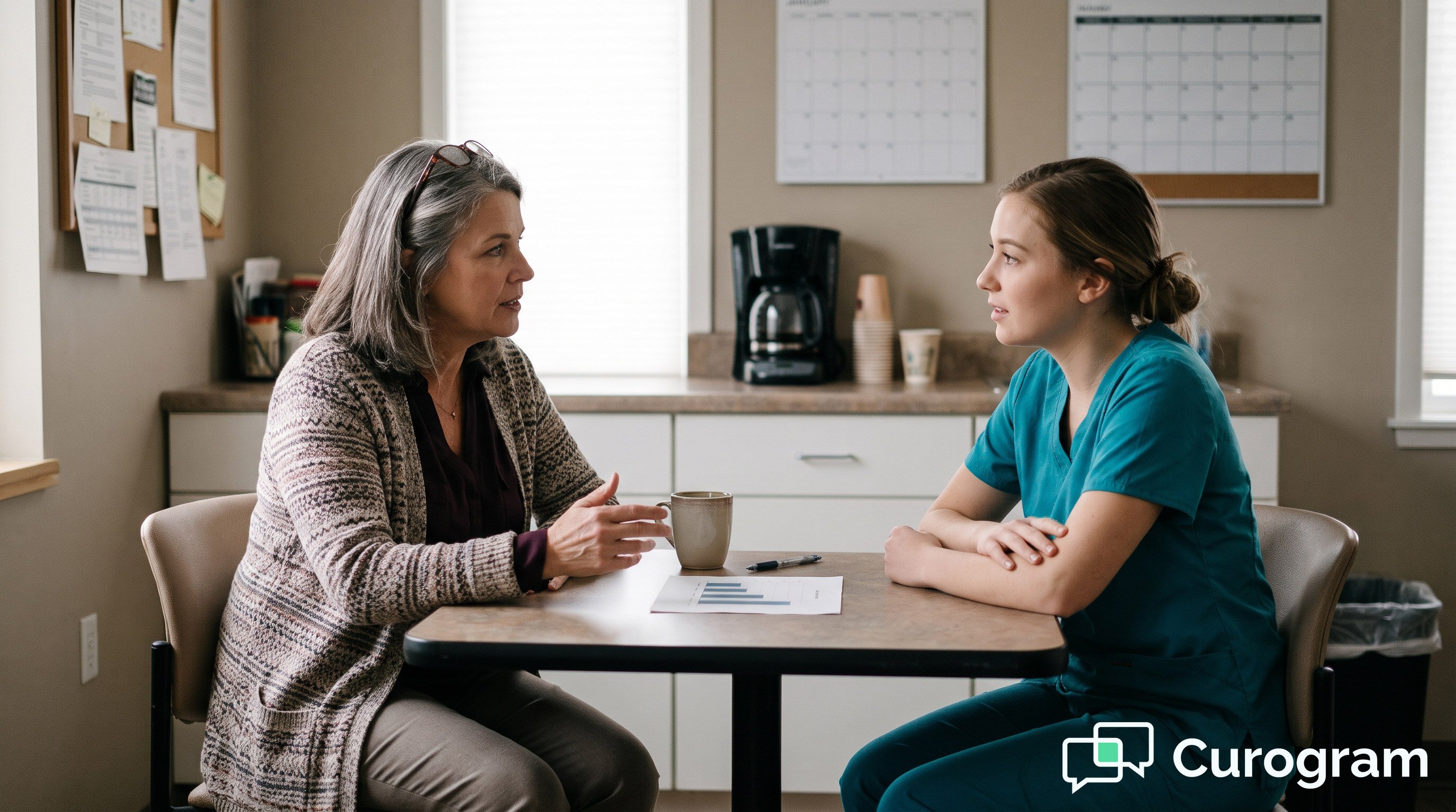 A clinic location manager reviews her site's baseline numbers with a front desk staffer