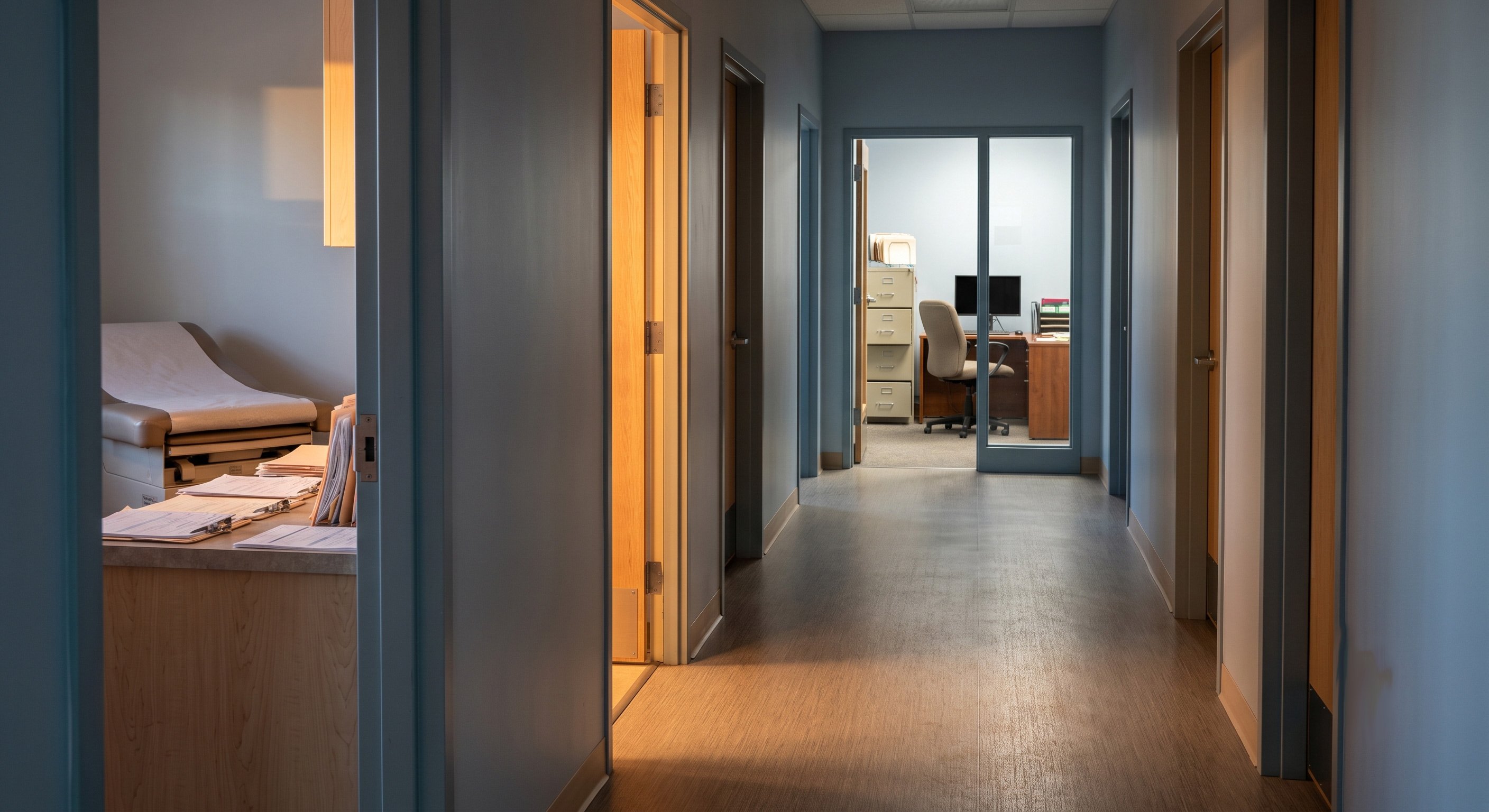 View down a medical clinic hallway toward a billing office and a visible exam room
