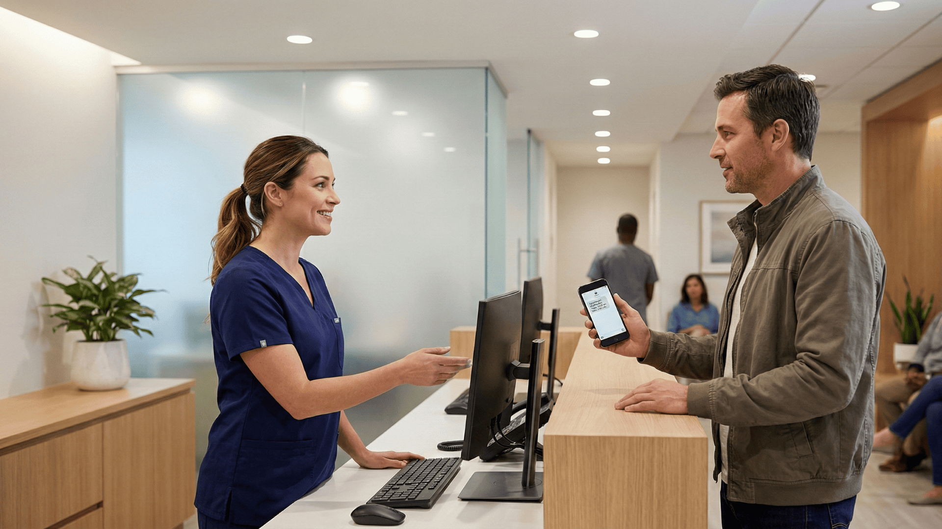 Patient checking in at front desk while staff confirms appointment through EMR-connected system