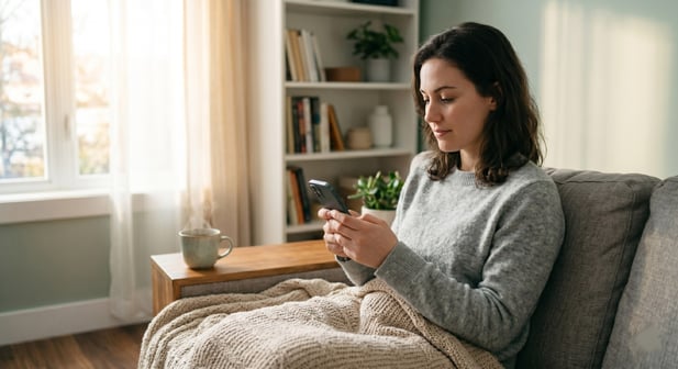 Close-up of a person using a secure patient messaging app on a smartphone at home