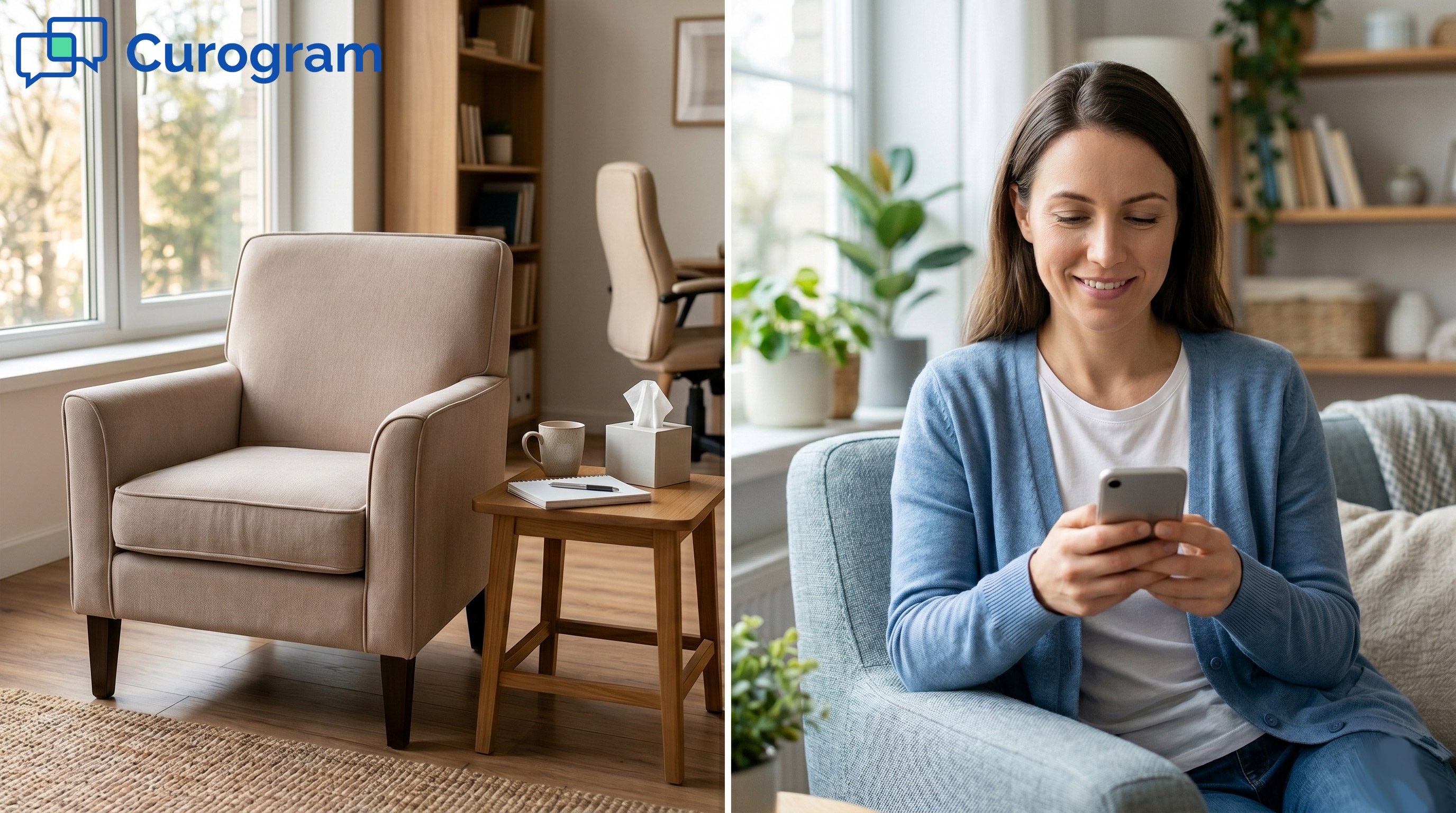 Left: Empty therapy chair; Right: Person reading a hopeful re-engagement text at home