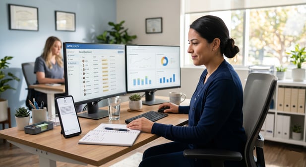 Behavioral health staff member at a modern desk managing patient recall outreach
