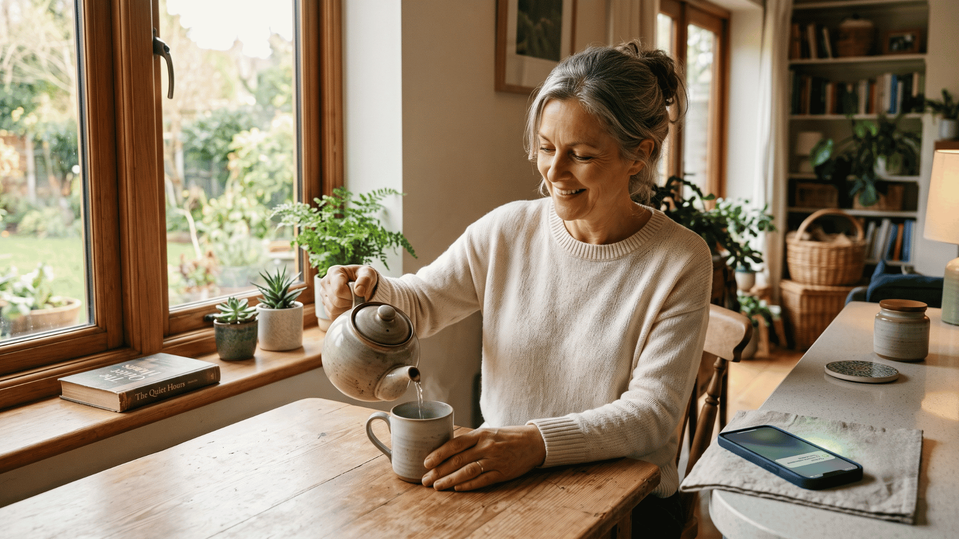 Relaxed patient at home after a clinic text reminder, showing stress-free patient communication