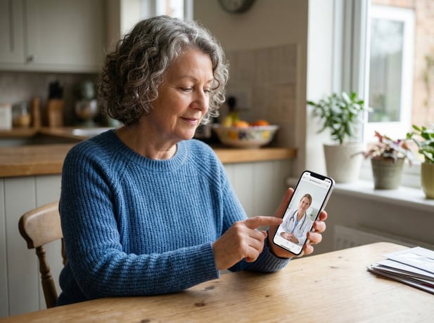 Older woman successfully completing a patient virtual visit using her smartphone