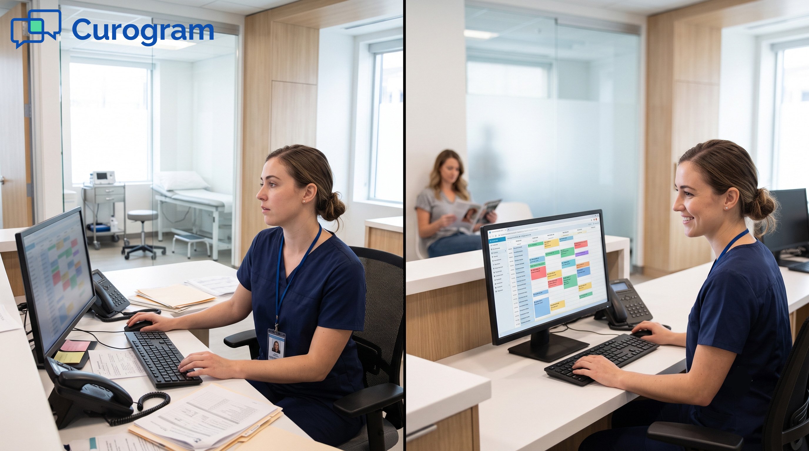 Modern medical reception desk with computers and exam room behind glass