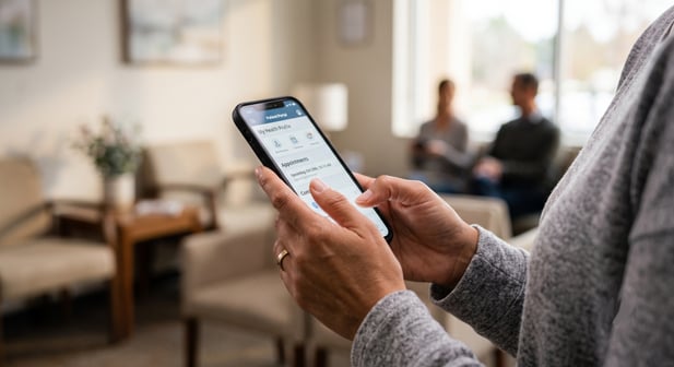 Close-up of patient hands using a medical appointment app on a smartphone