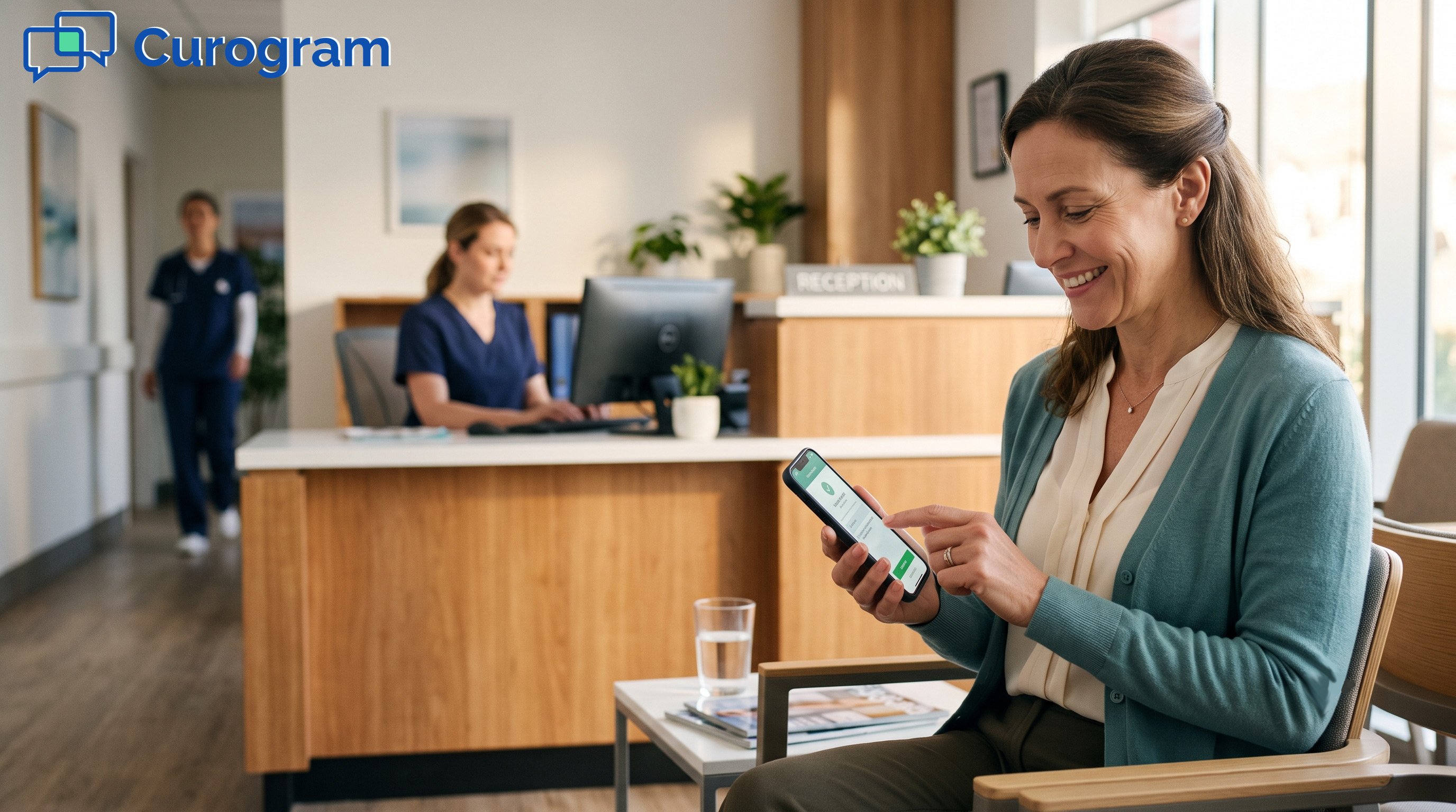 A patient looks calm and relieved tapping her phone in a tidy medical waiting area with natural light
