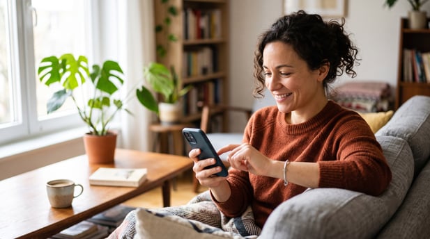 Smiling woman seated on a couch, tapping an appointment reminder choice on her smartphone with natural light