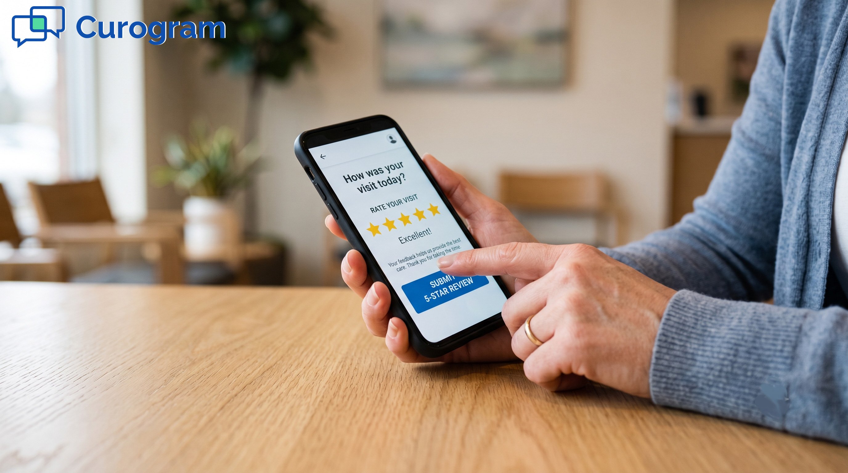 Close-up of a patient's hand holding a smartphone with a 5-star rating screen in a clinic