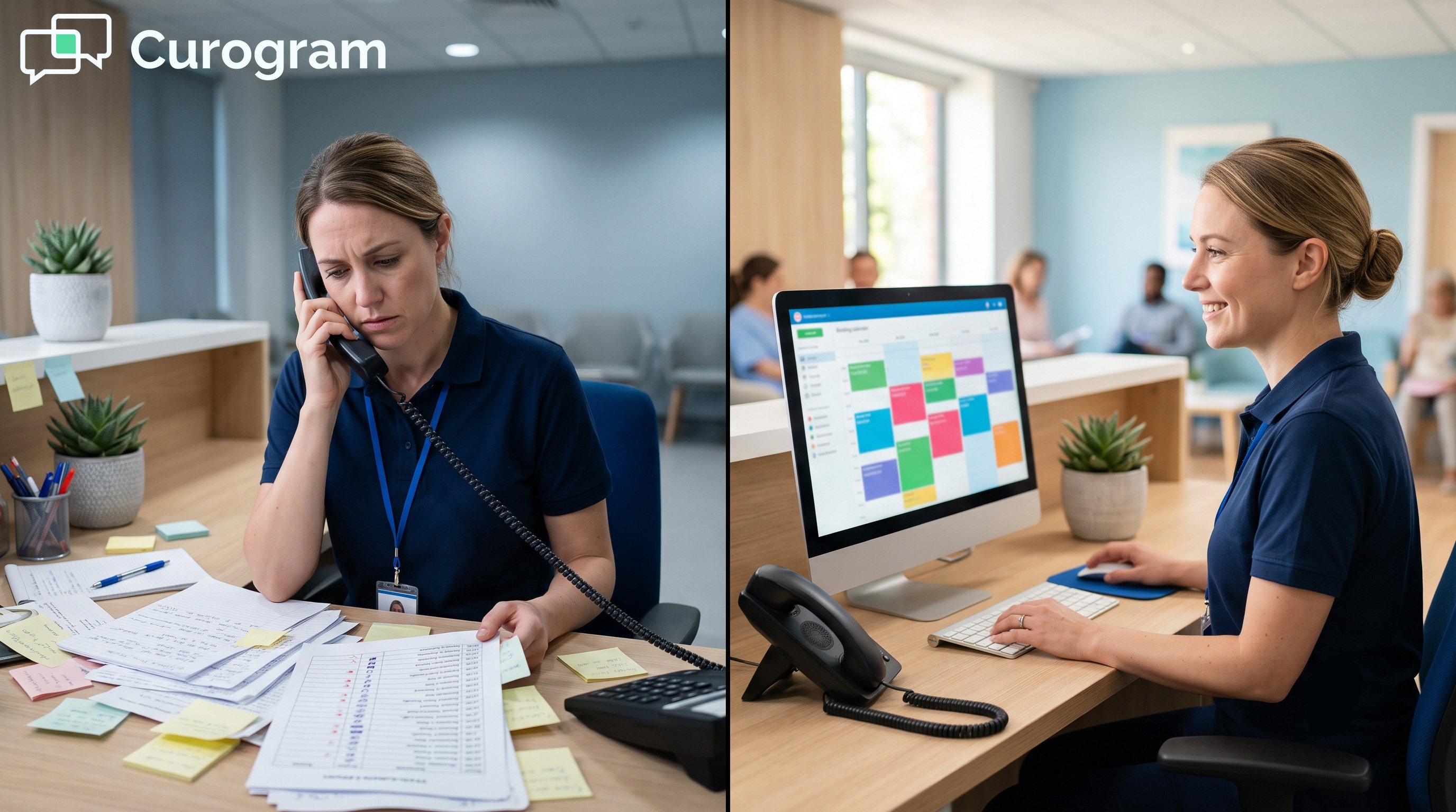 Before and after comparison: a stressed clinic receptionist with papers vs. a smiling receptionist with automated booking