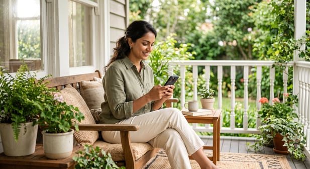 Relaxed patient completing digital intake on their phone in a bright clinic setting