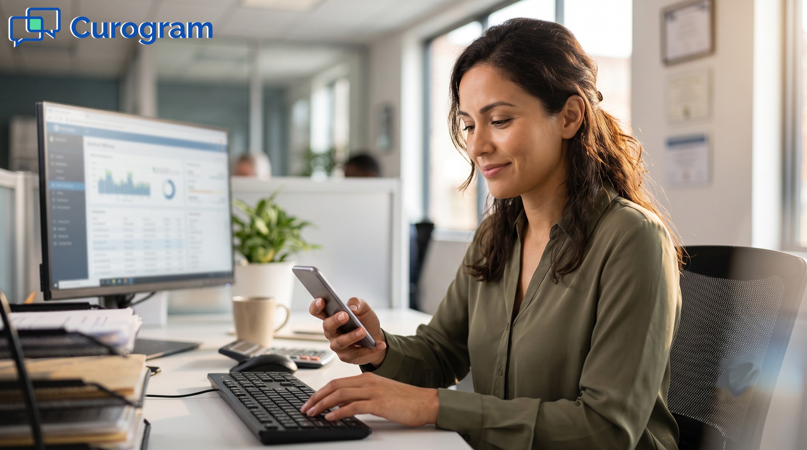 Calm medical biller uses smartphone in clinic; featured image for billing blog