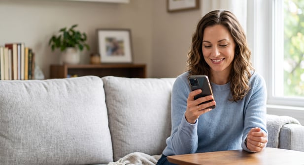 Patient at home using smartphone, smiling