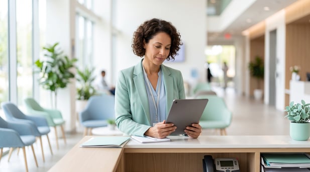 Healthcare practice manager reviewing patient feedback on a tablet at a front desk