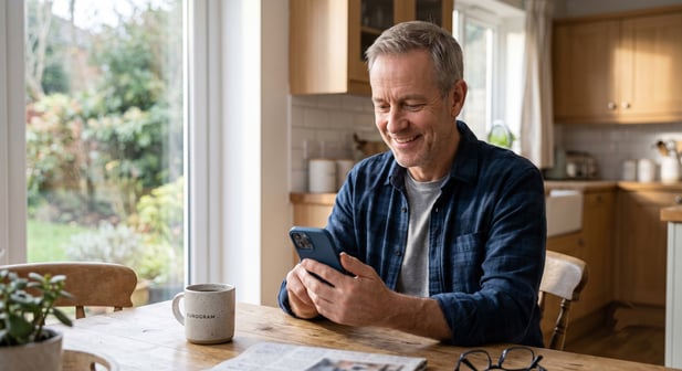 Smiling patient using a smartphone to book a medical appointment from home