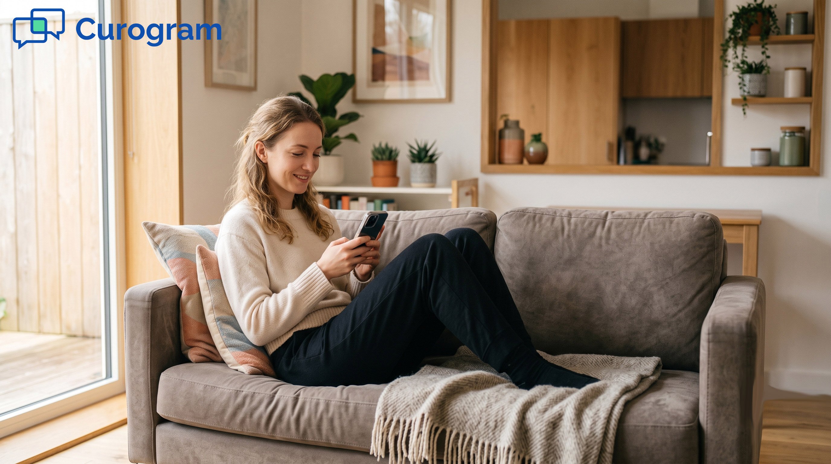 Patient lounging on the sofa scrolling through a HIPAA-compliant text from a practice