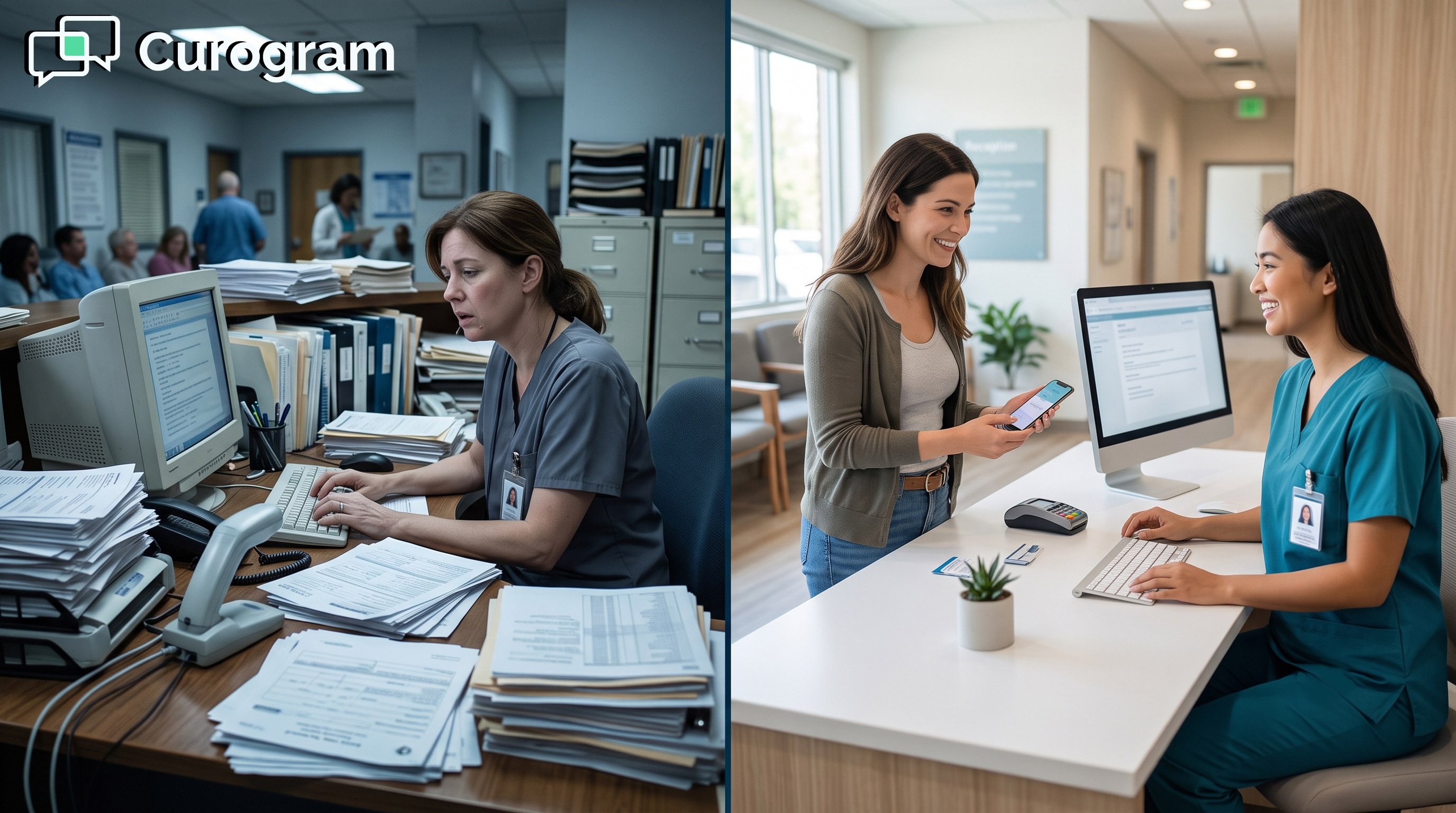 Comparison of cluttered paper reception vs. clean modern digital medical office check-in