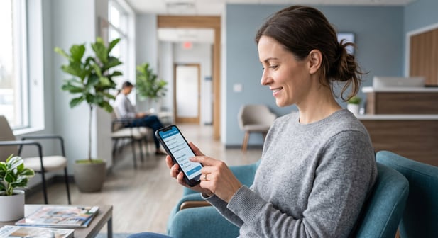 A patient using a mobile app to check in at a modern medical practice