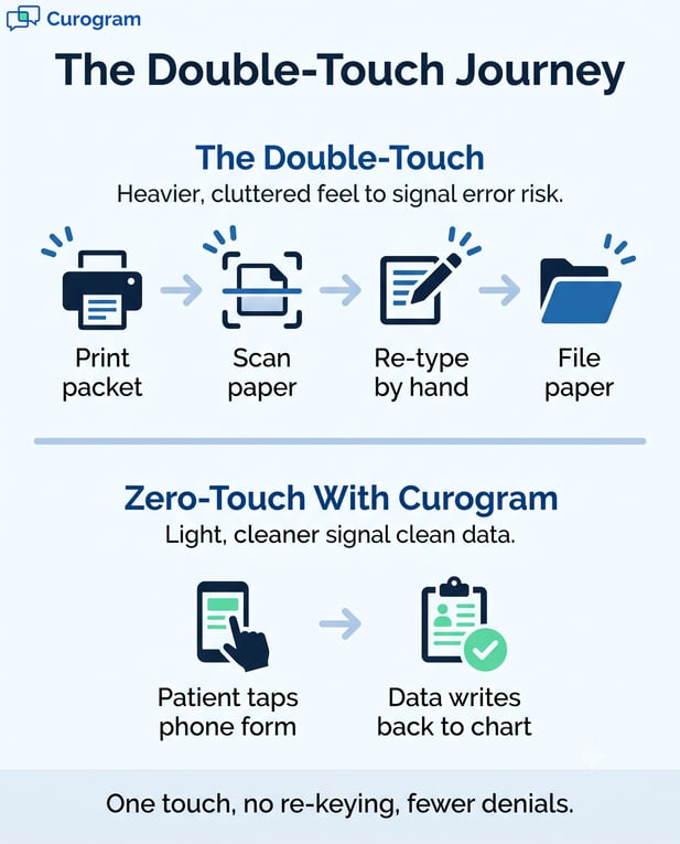 Vertical infographic comparing complex manual paper medical workflow and simple digital workflow