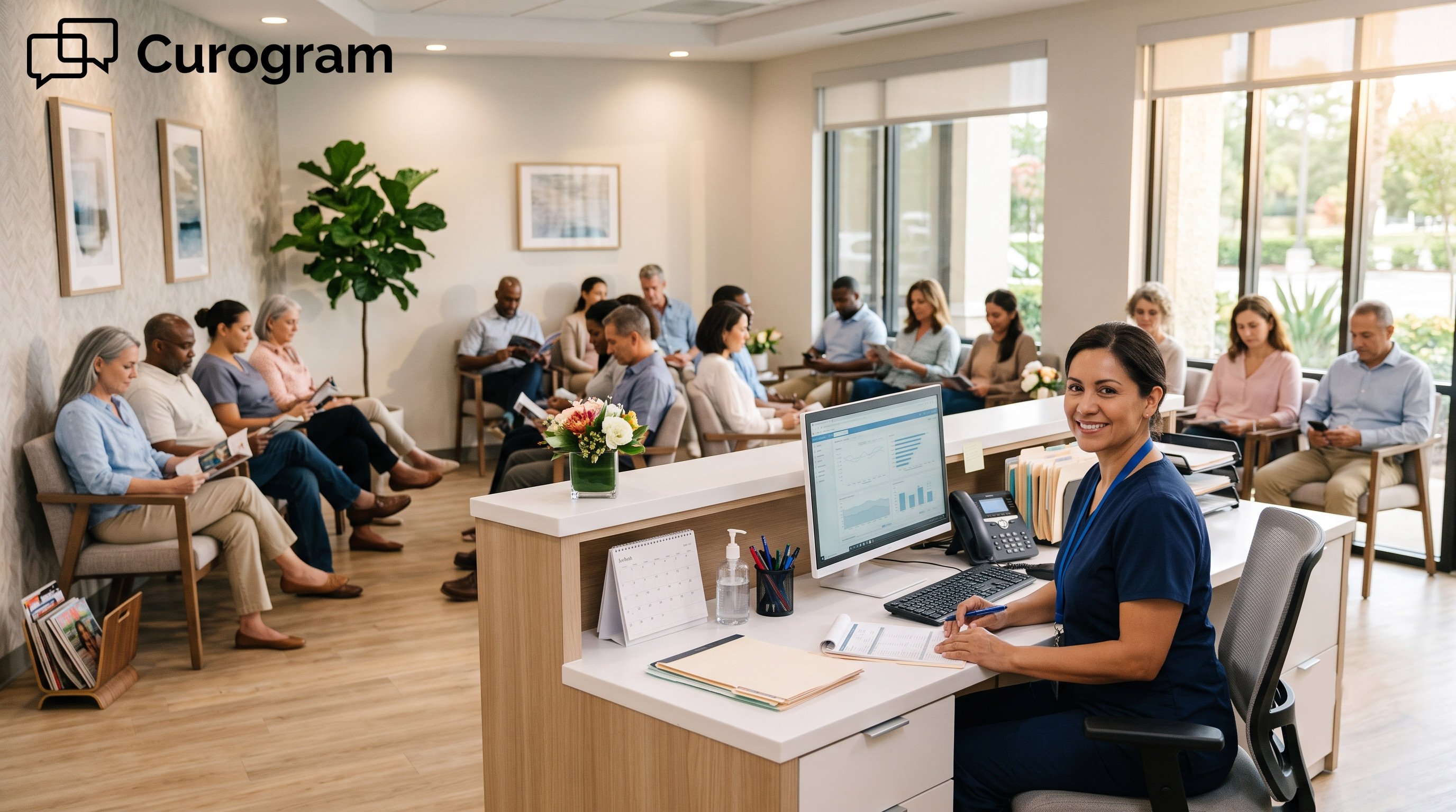 Modern medical office reception: a smiling receptionist and a full waiting room