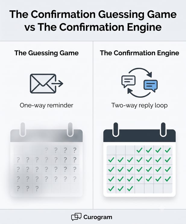 Infographic: The Confirmation Guessing Game vs The Confirmation Engine for businesses