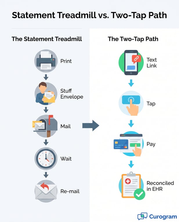 Diagram comparing old manual billing loop to modern two-tap patient payment
