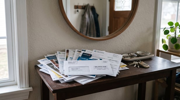 Unopened paper medical bills and statements piled on a home entry table