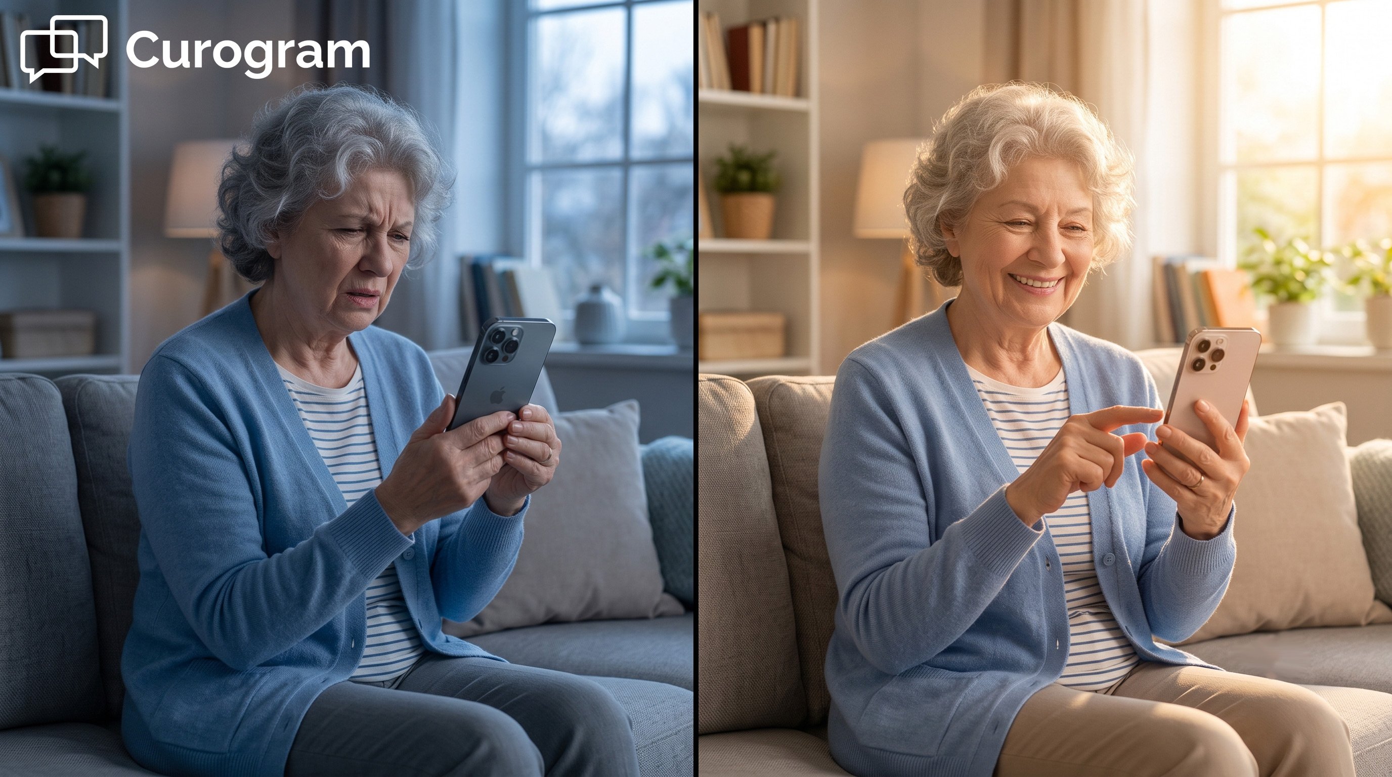Senior patient frustrated by telehealth app setup vs smiling using a one-tap text link