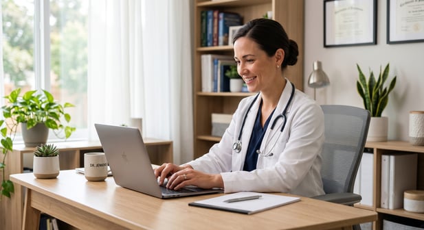 Female doctor in white coat smiling while using a laptop for virtual care in her office