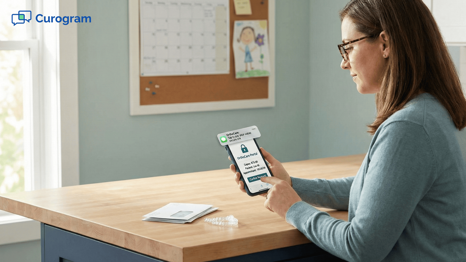 Parent paying orthodontic copay by phone using a secure Curogram text-to-pay link.