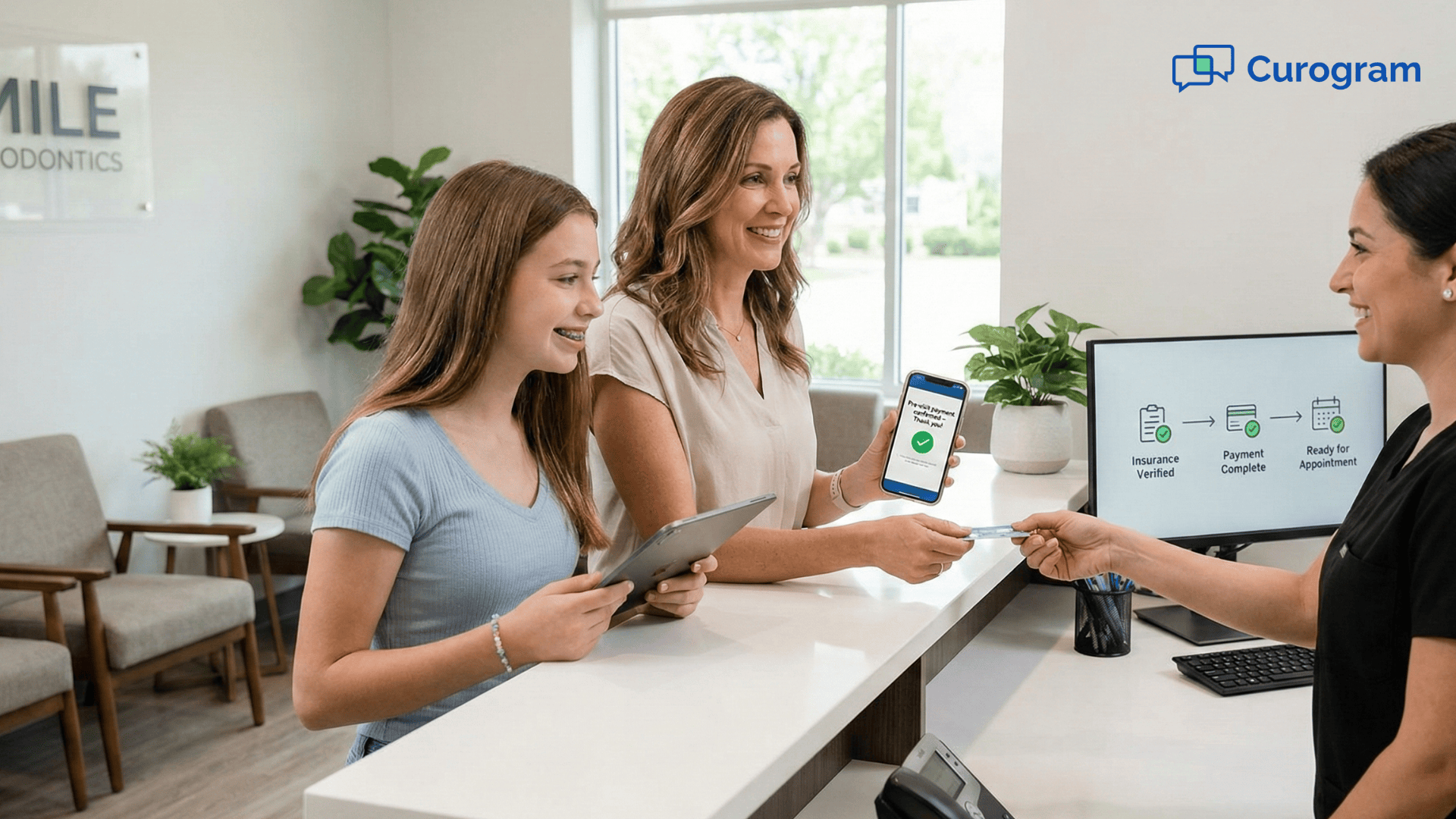 Family checking in after pre-visit payment reminder using Dolphin payment workflows.