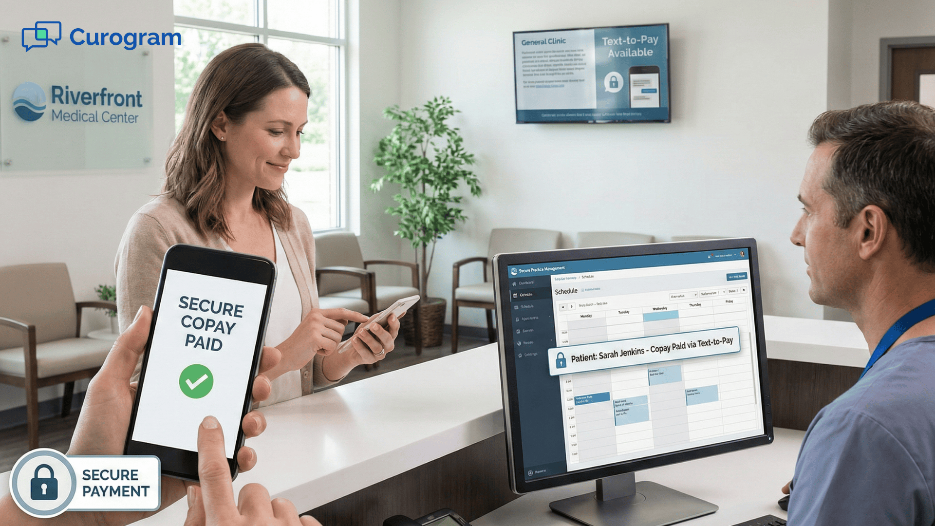 Patient paying medical copay by phone while staff views payment in DrChrono.