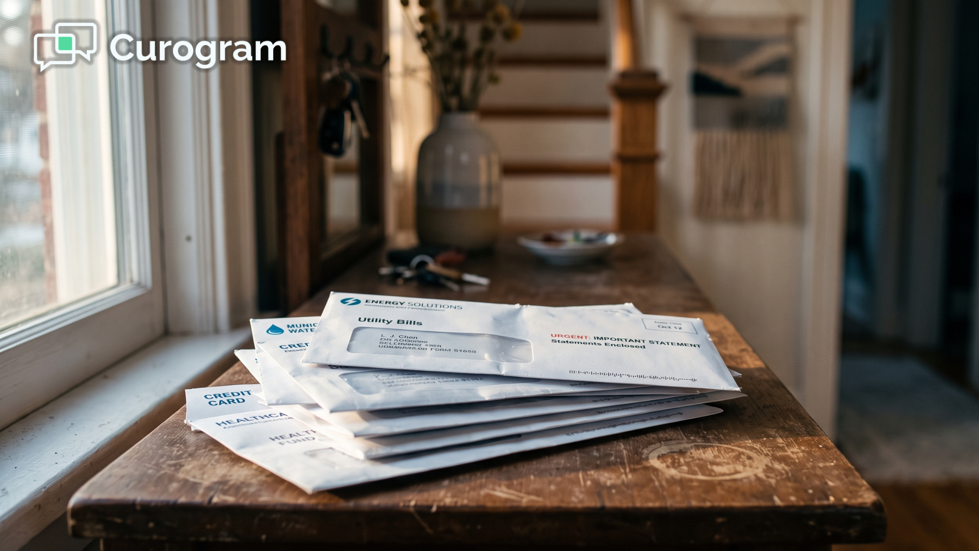 Stack of unopened paper medical statements gathering dust, unpaid and forgotten