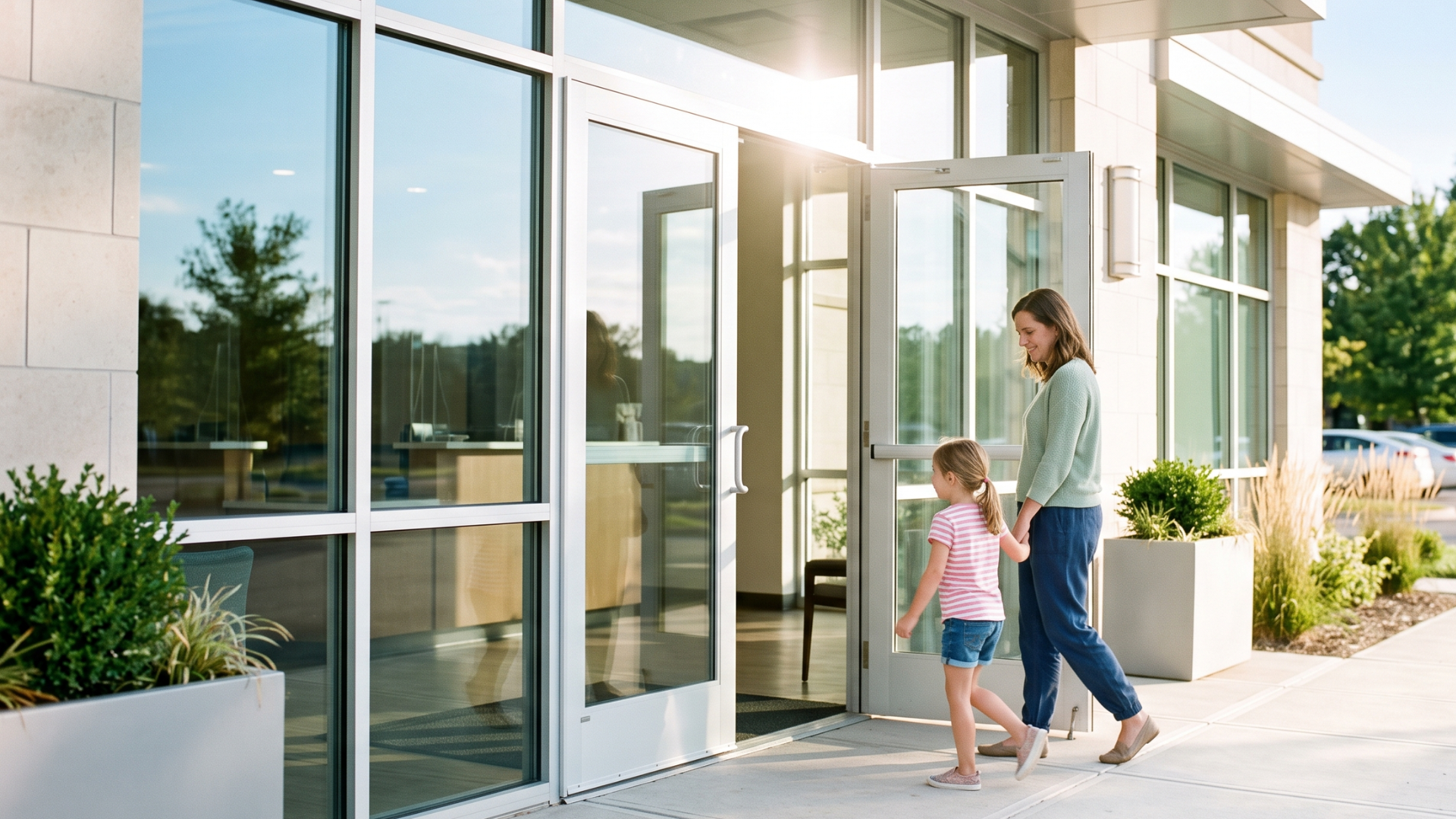 Parent and child leaving a medical clinic with the visit and bill already handled
