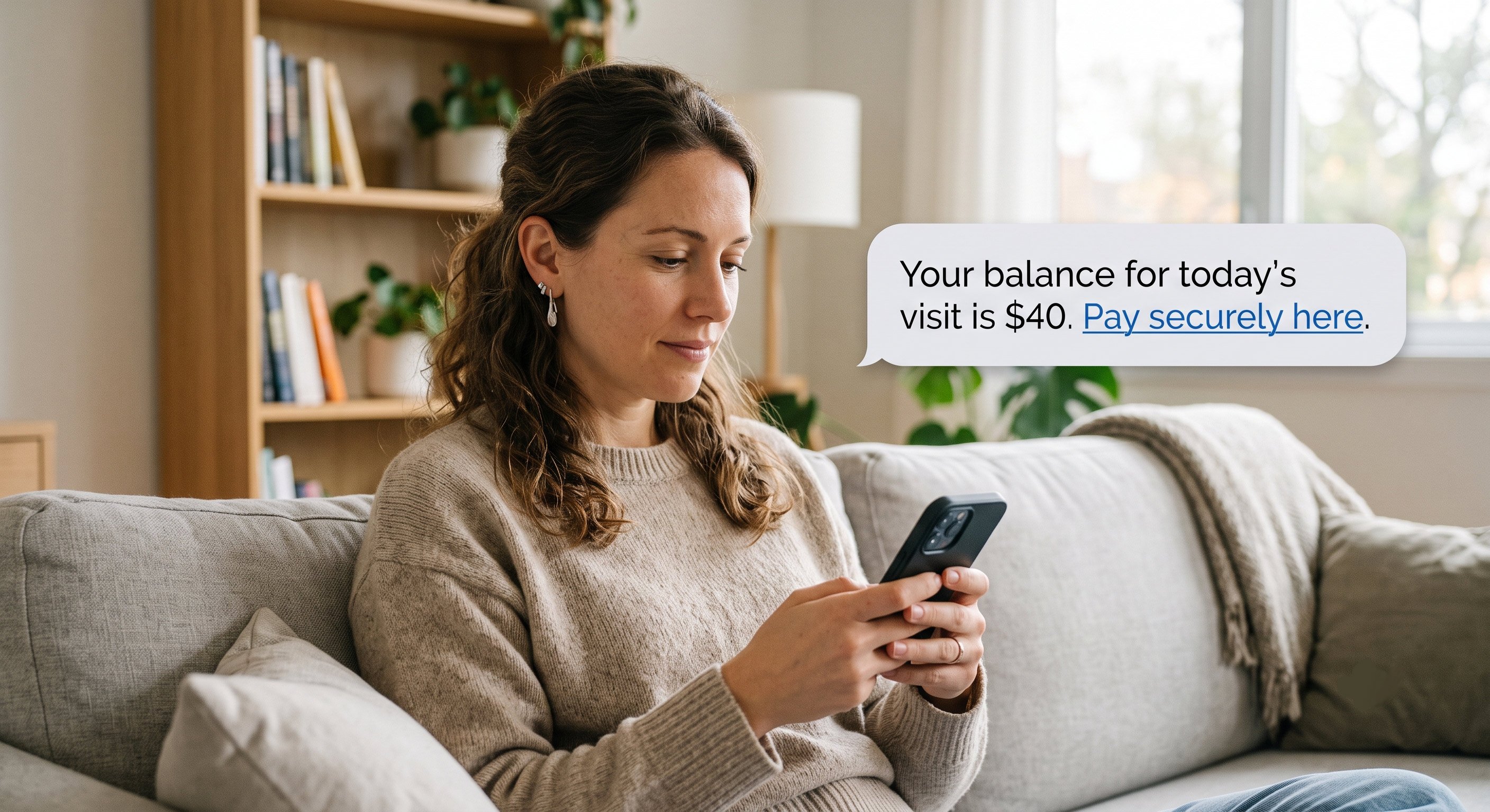 Patient on couch receiving a secure text-to-pay message link on smartphone