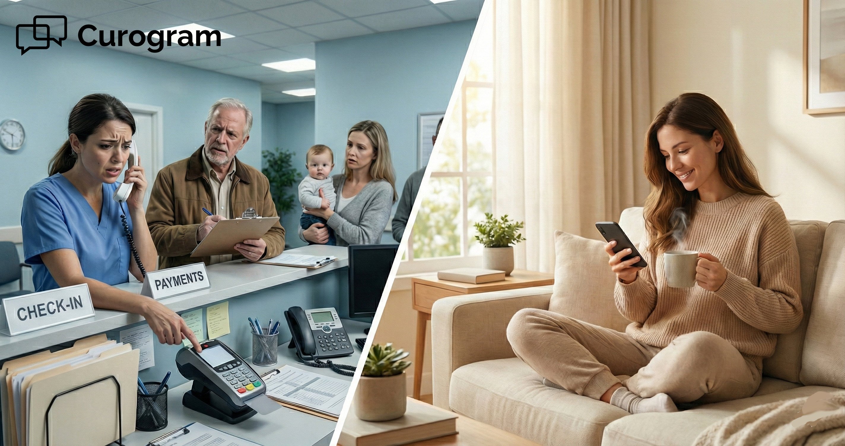 Medical staff at busy front desk vs. patient paying a healthcare bill on a smartphone