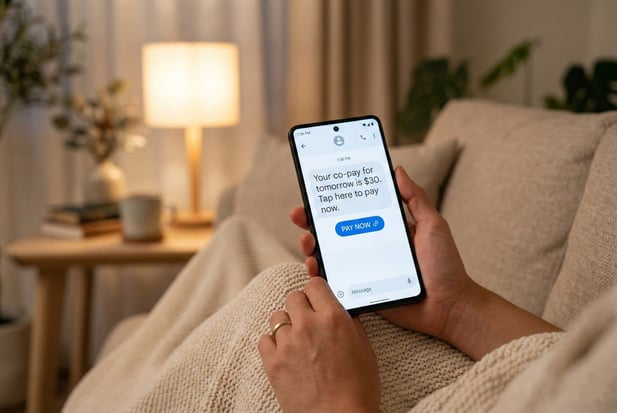Patient at home views a physical therapy co-pay text reminder and payment link on their phone