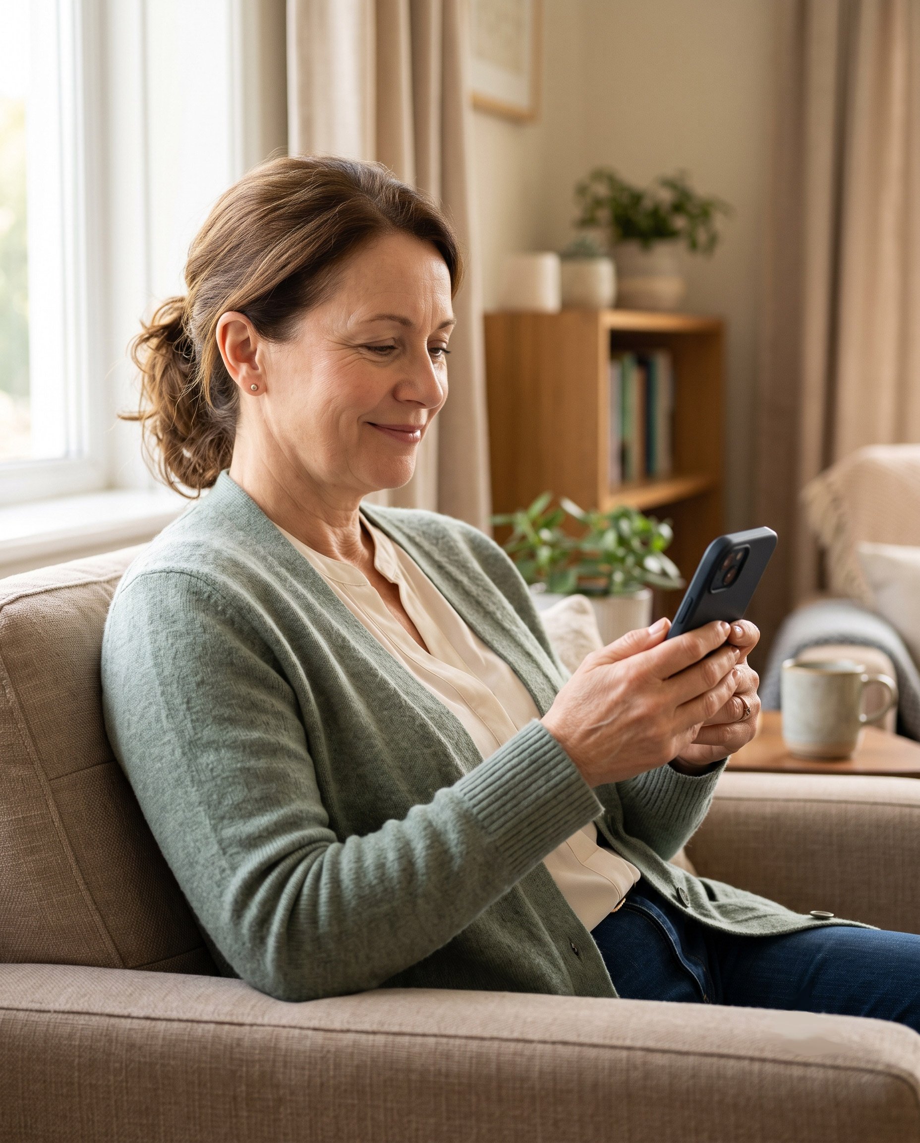 A patient reading a message on her smartphone, smiling