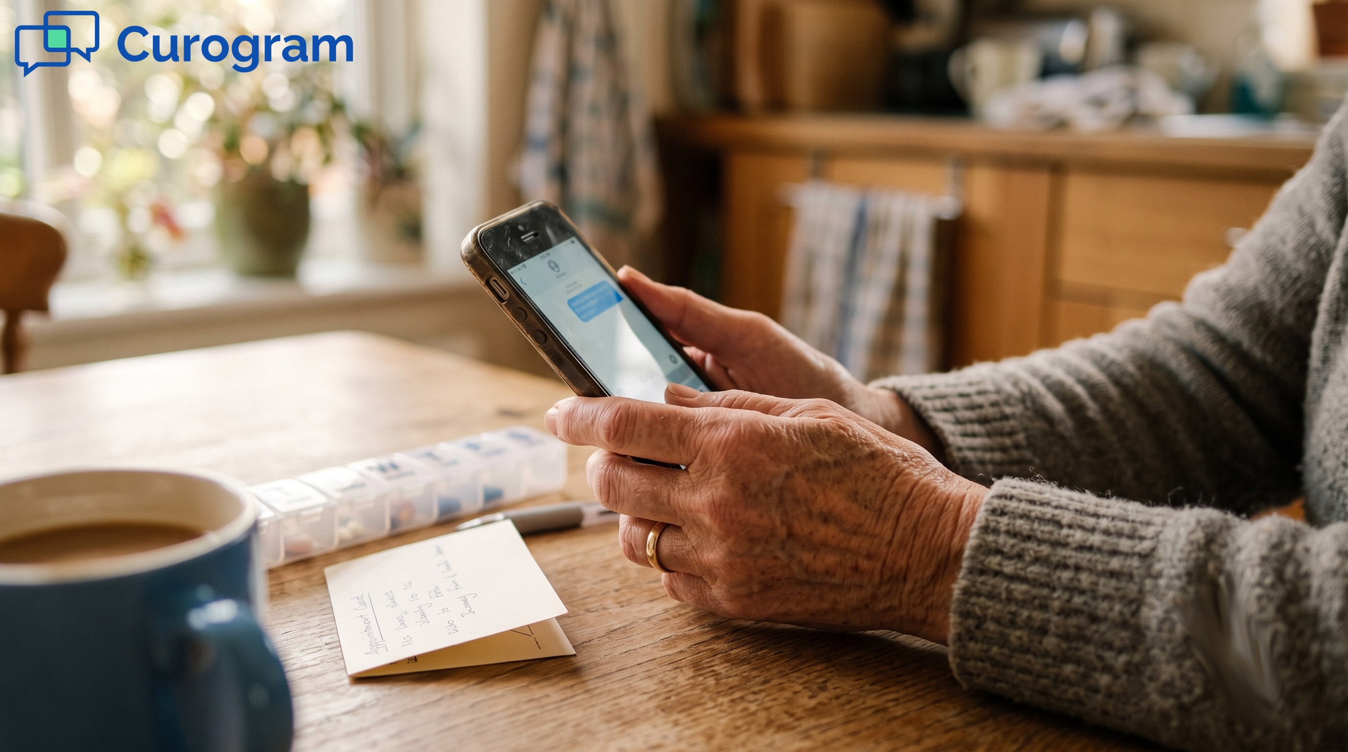 Senior woman holding smartphone at kitchen table near coffee and pill organizer