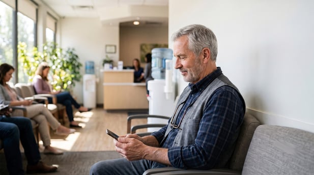 Older man in a clinic waiting room reading a text message on his smartphone