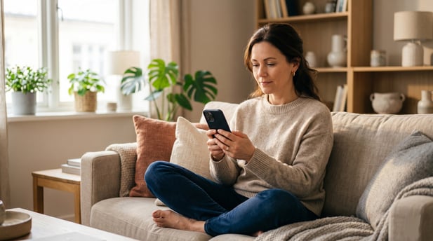 Patient comfortably completing MRI intake forms on a smartphone in a living room