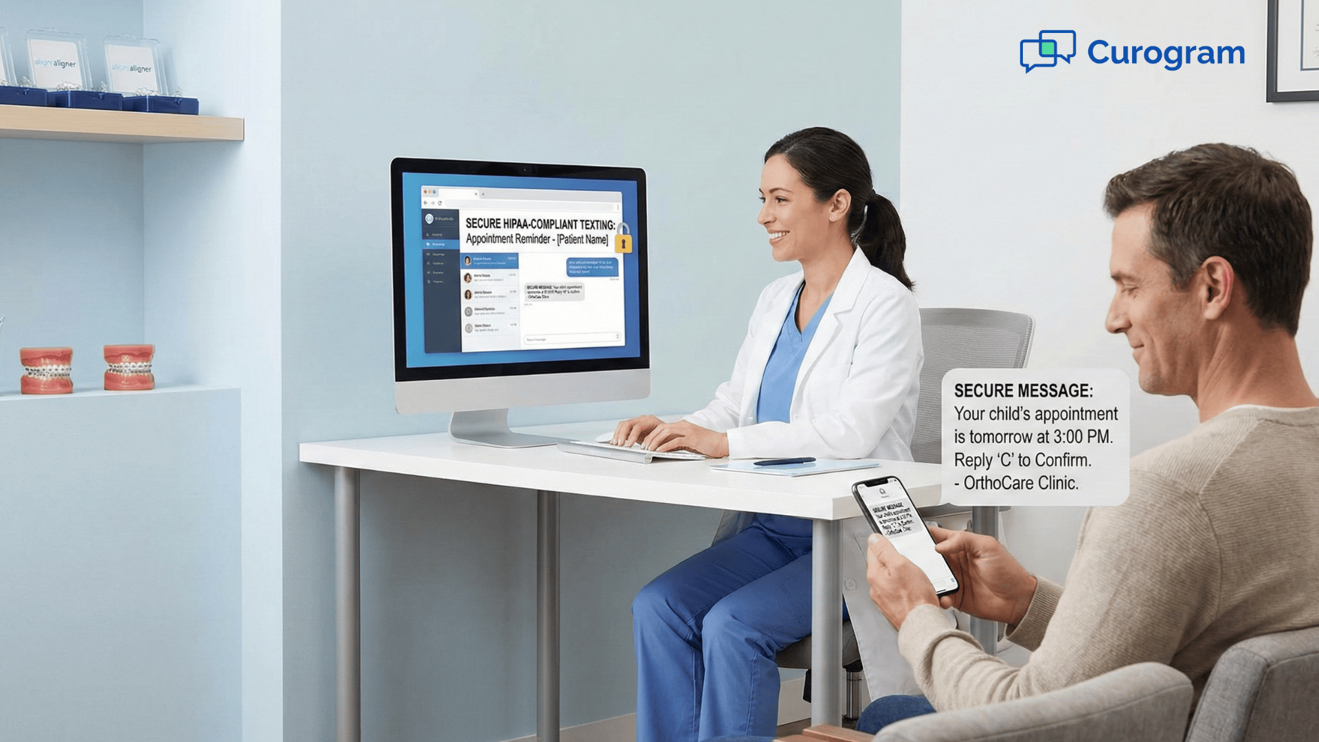 Provider using secure HIPAA texting while parent confirms orthodontic appointment by phone.